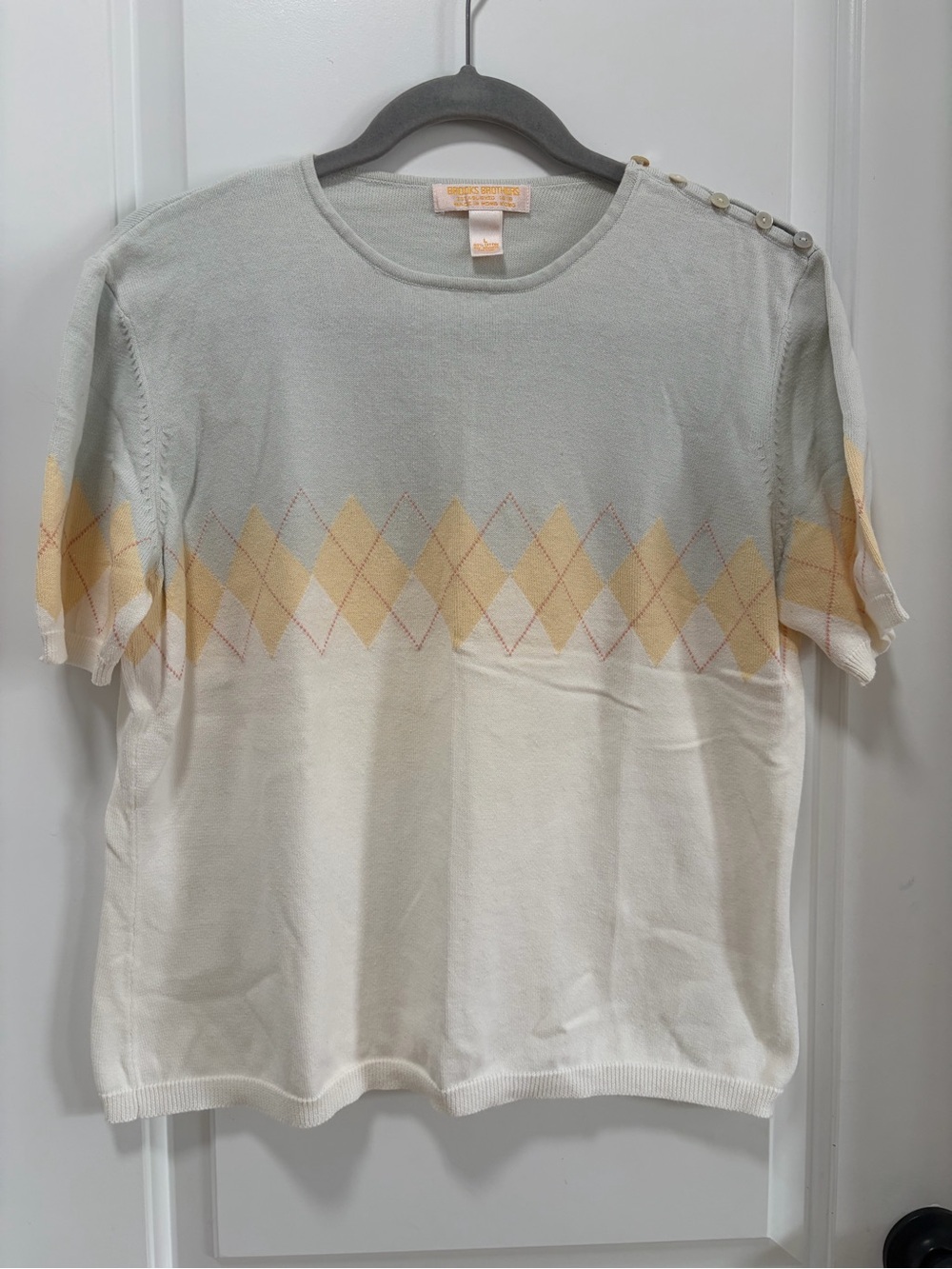 Vintage Brooks Brothers size Large Light Blue Cotton Argyle Short Sleeve Sweater